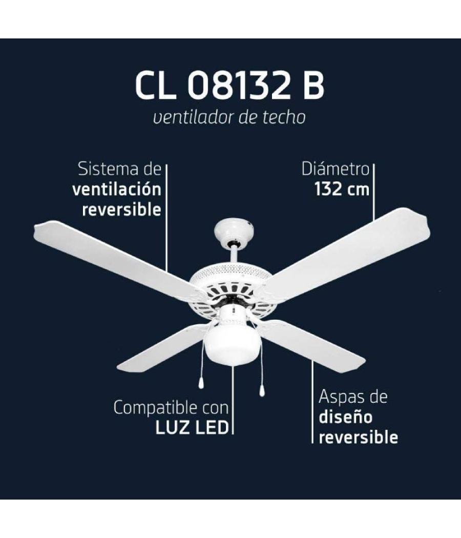 Ventilador de techo orbegozo cl 08132 b/ 60w/ 4 aspas 132cm/ 3 velocidades