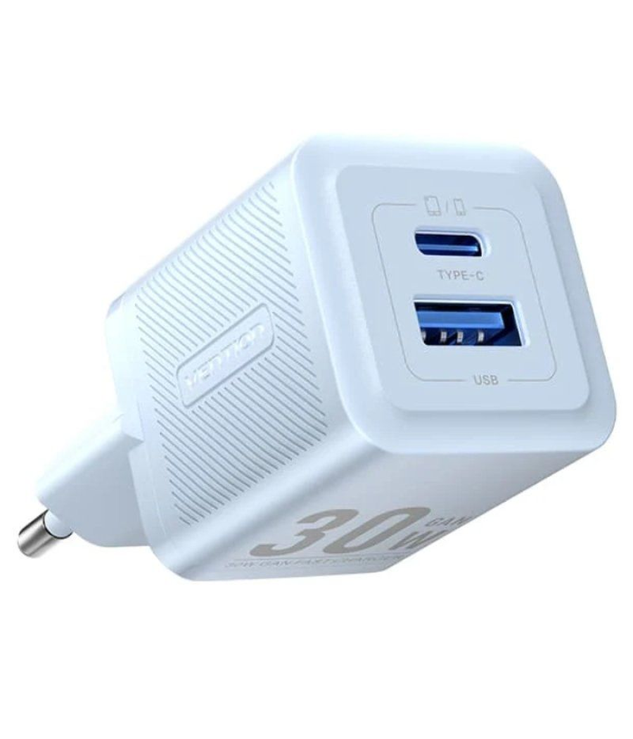 Cargador gan de pared vention feql0-eu/ 1xusb tipo-c/ 1xusb/ 30w