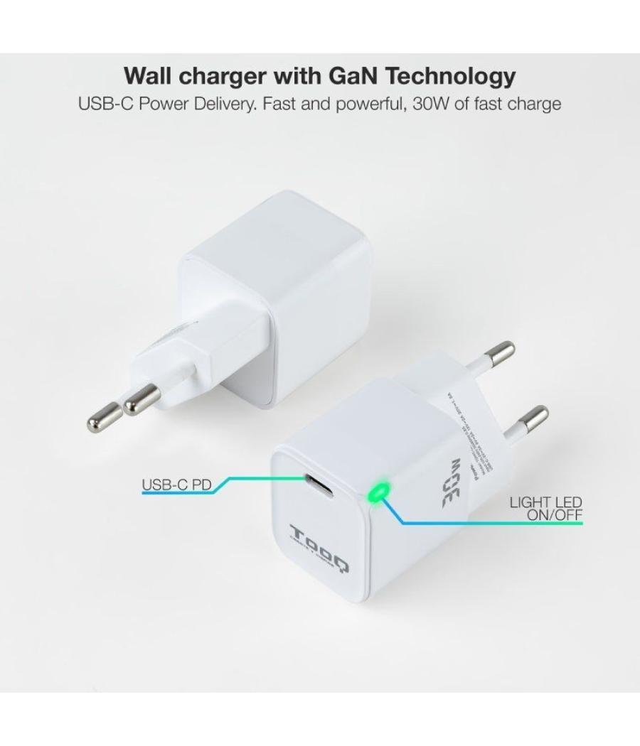 Cargador gan de pared tooq tqwc-ganpd30wt/ 1xusb tipo-c/ 30w