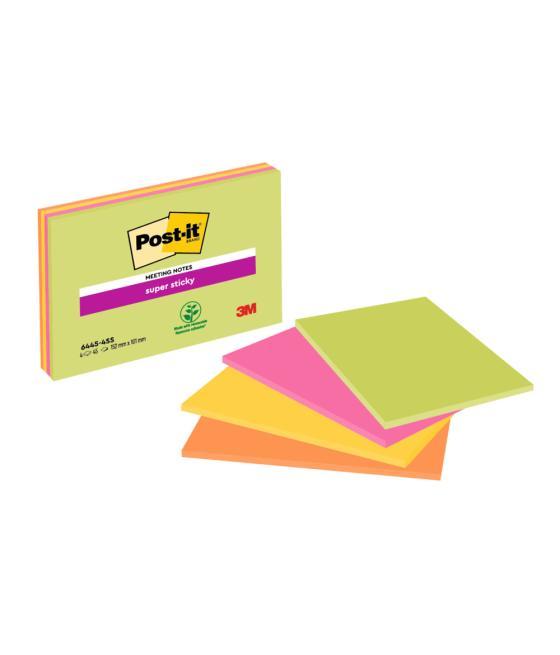 Bloc de notas adhesivas quita y pon post-it super sticky 152x101 mm con 45 hojas pack de 4 unidades colores neon