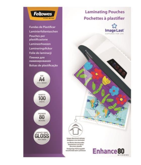 Pack 100 bolsas plastificacion 80 micras a4 216x303 fellowes 5306114