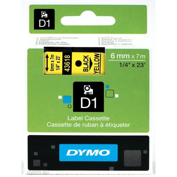 Dymo cinta de transferencia termica d1 43618. negro sobre amarillo de 6mmx7m. poliester autoadhesiva