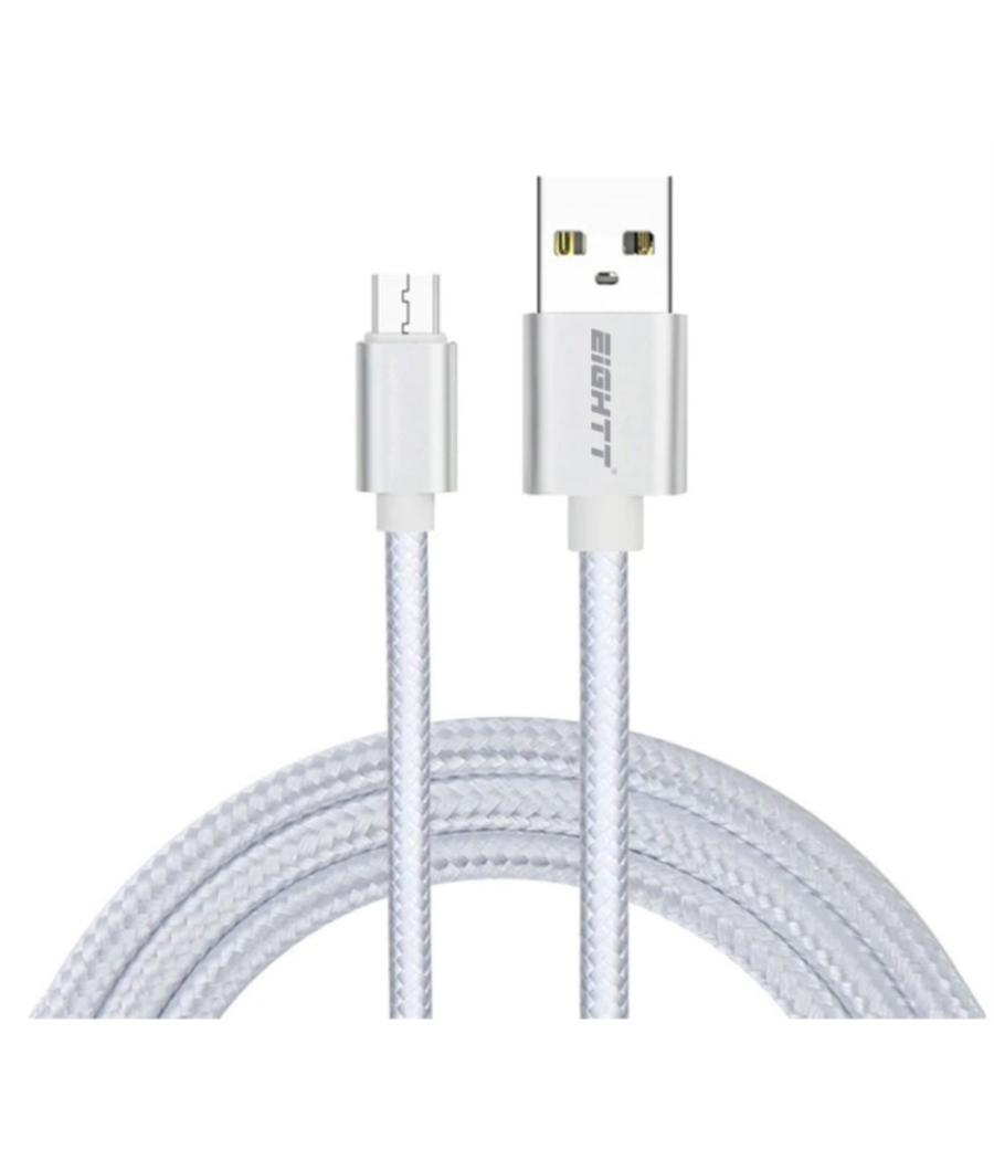 Cable eightt usb a microusb 1mts trenzado de nylon plata. carcasa de aluminio