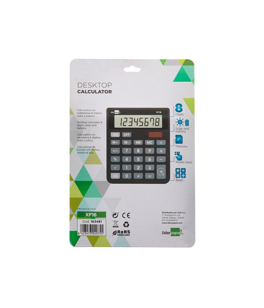 Calculadora liderpapel sobremesa xf16 8 dígitos solar y pilas color negro 127x105x24 mm