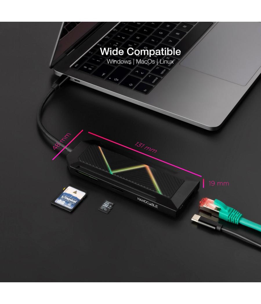 Hub nanocable 8 en 1 usb tipo c - usb - hdmi - rj45 - micro sd - 15cm - macho - hembra