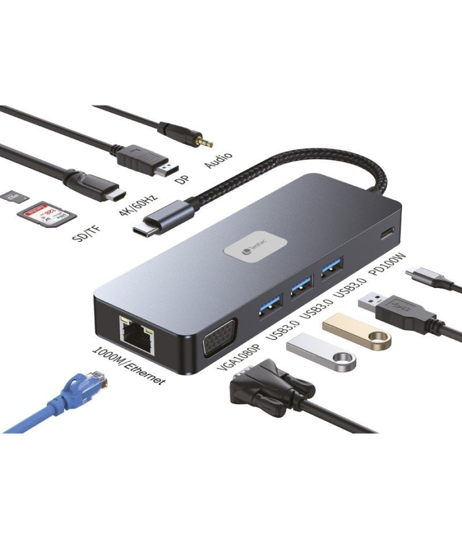 Docking usb tipo-c leotec leds03/ 3xusb/ 1xusb tipo-c pd/ 1xhdmi 4k/ 1 xdisplayport/ 1xvga/ 1xaudio/ 1xrj45/ 1xlector tarjetas s