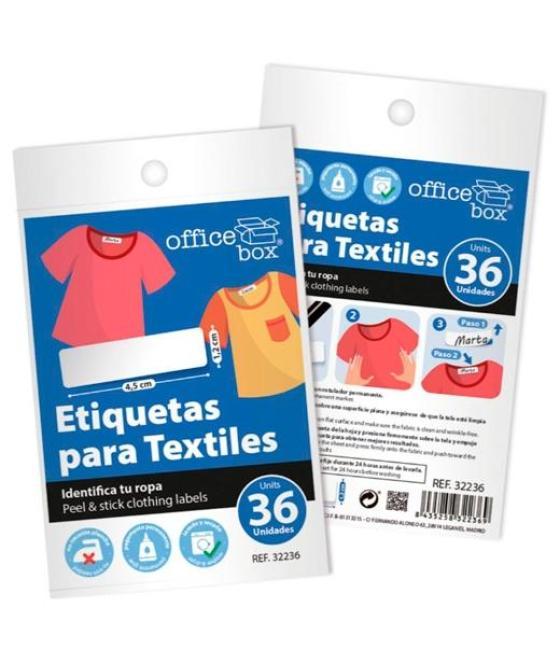 Office box etiquetas adhesivas para textiles 4,5x1,2cm blíster 36 ud blanco