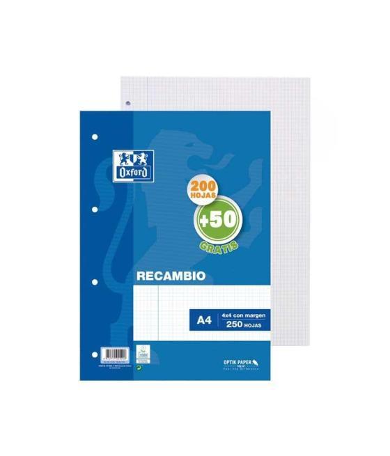 Oxford recambio 200h + 50h a4 sueltas 90gr 4x4mm c/margen 4 taladros