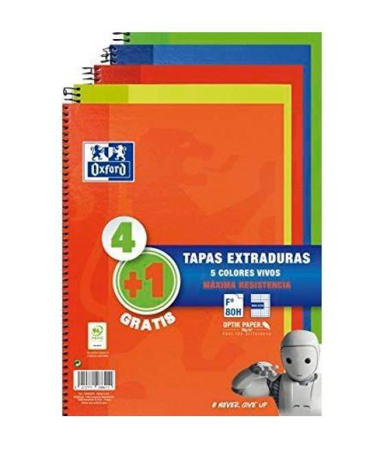 Oxford cuaderno espiral write&erase 80 hojas 4x4 con margen tapas extraduras folio colores vivos -pack 4+1-