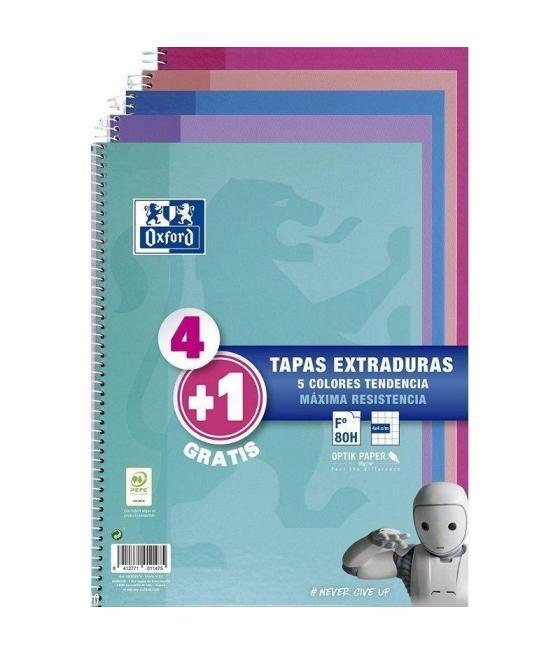 Oxford cuaderno espiral write&erase 80 hojas 4x4 con margen tapas extraduras folio colores tendencia -pack 4+1-