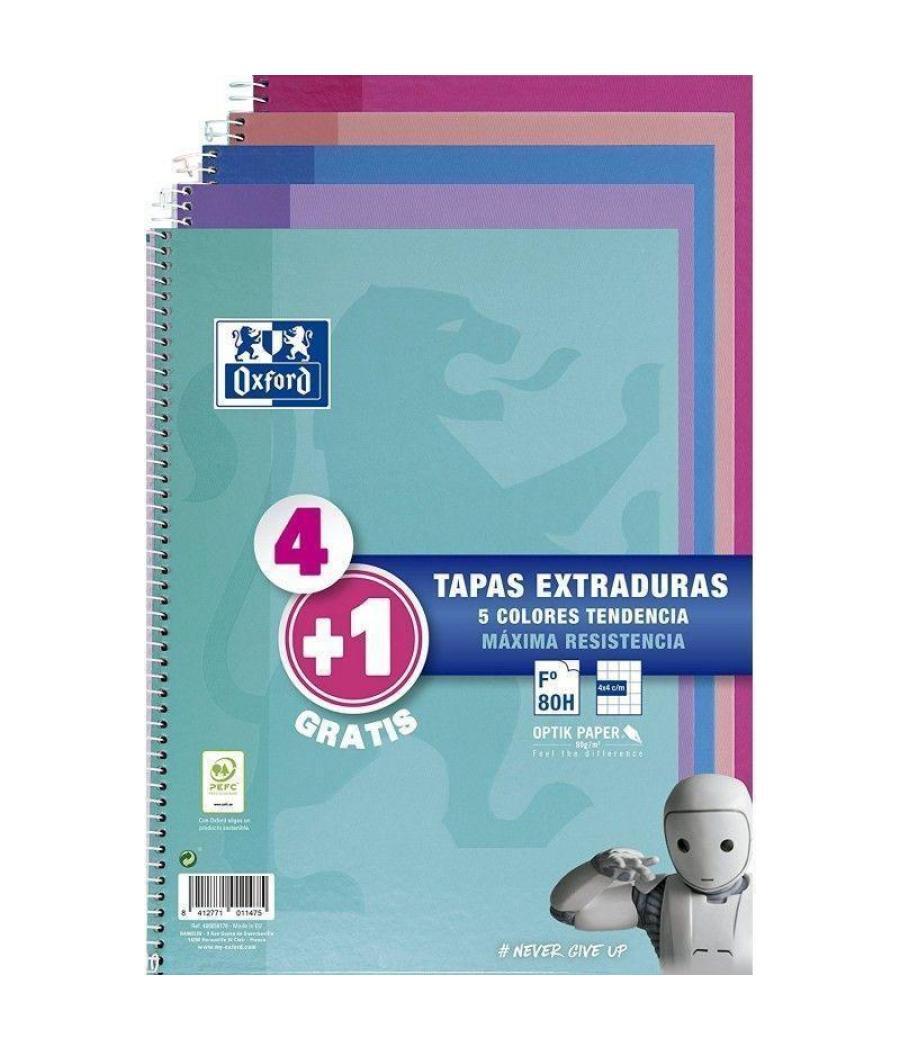 Oxford cuaderno espiral write&erase 80 hojas 4x4 con margen tapas extraduras folio colores tendencia -pack 4+1-