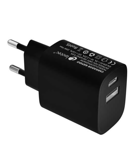 Leotec cargador 20w carga rapida 1 usb tipo-c pd 1 usb-a negro