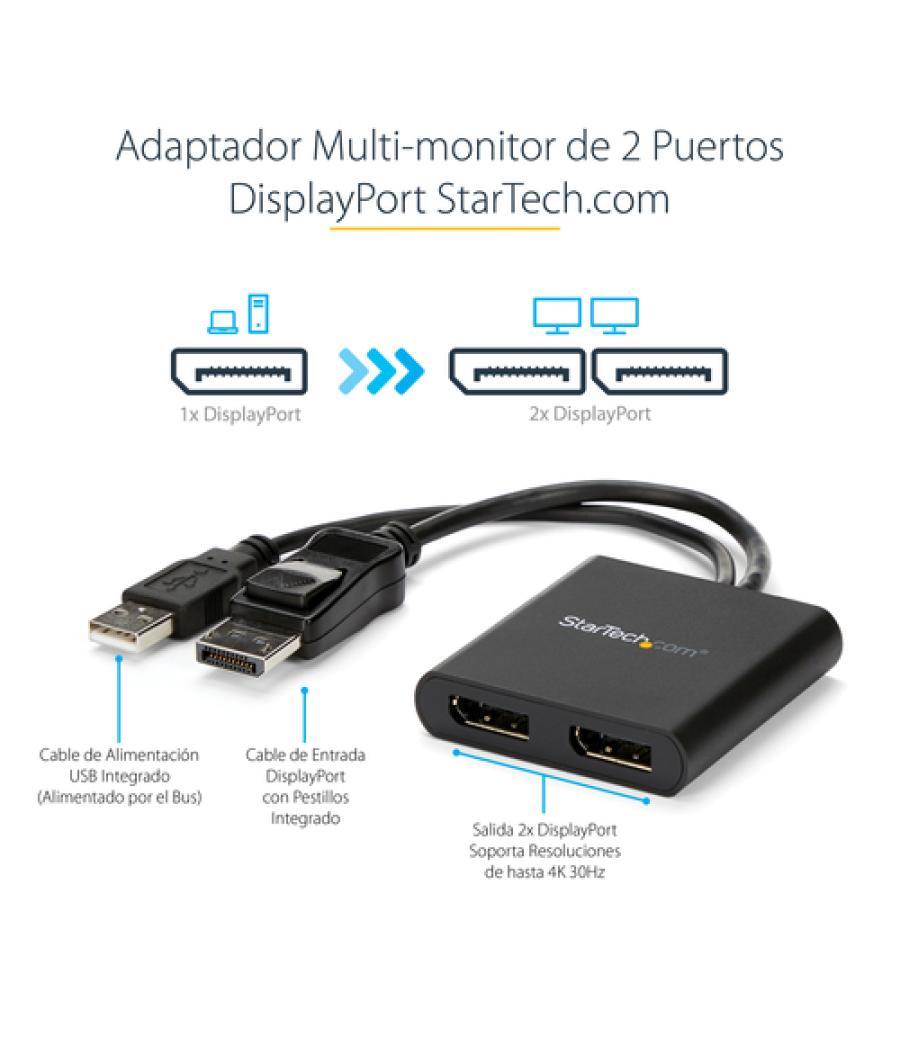 StarTech.com Hub MST de 2 Puertos DisplayPort 1.2 - Divisor Splitter DP de 2 Monitores - Adaptador DP a 2x DisplayPort 4K 30Hz -