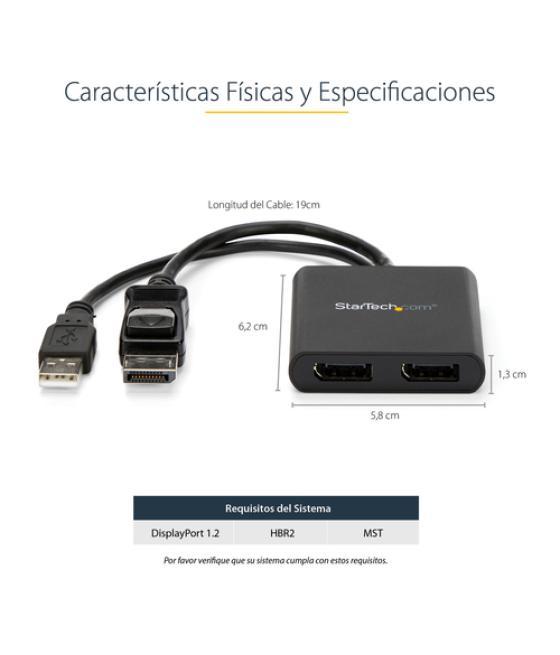 StarTech.com Hub MST de 2 Puertos DisplayPort 1.2 - Divisor Splitter DP de 2 Monitores - Adaptador DP a 2x DisplayPort 4K 30Hz -