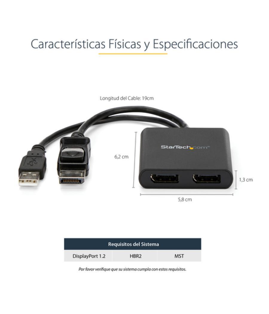 StarTech.com Hub MST de 2 Puertos DisplayPort 1.2 - Divisor Splitter DP de 2 Monitores - Adaptador DP a 2x DisplayPort 4K 30Hz -