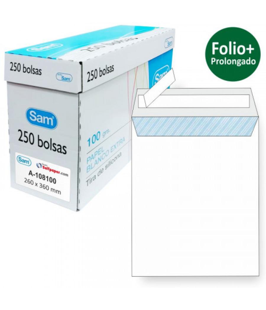 Caja 250 bolsas folio prolongado (260x360) offset blanco 100 grs. opensam autoadhesivo con tira de silicona sam 149005