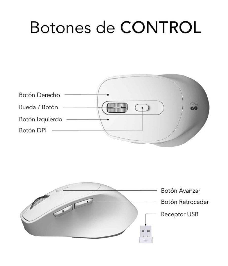 Ratón ergonómico inalámbrico por bluetooth/ 2.4ghz subblim comfort ergo dual battery/ batería recargable/ hasta 2400 dpi/ blanco