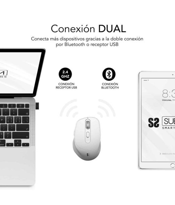 Ratón ergonómico inalámbrico por bluetooth/ 2.4ghz subblim comfort ergo dual battery/ batería recargable/ hasta 2400 dpi/ blanco