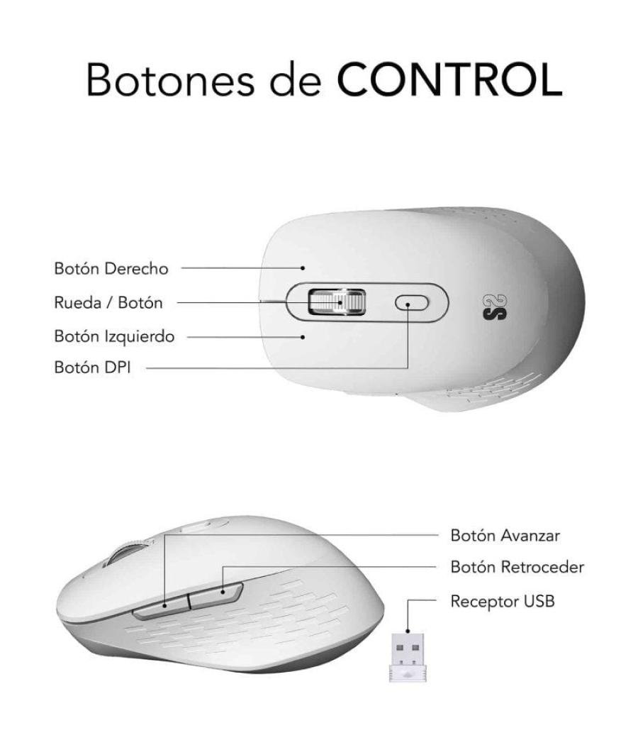 Ratón ergonómico inalámbrico por bluetooth/ 2.4ghz subblim curve ergo dual battery/ batería recargable/ hasta 1600 dpi/ blanco