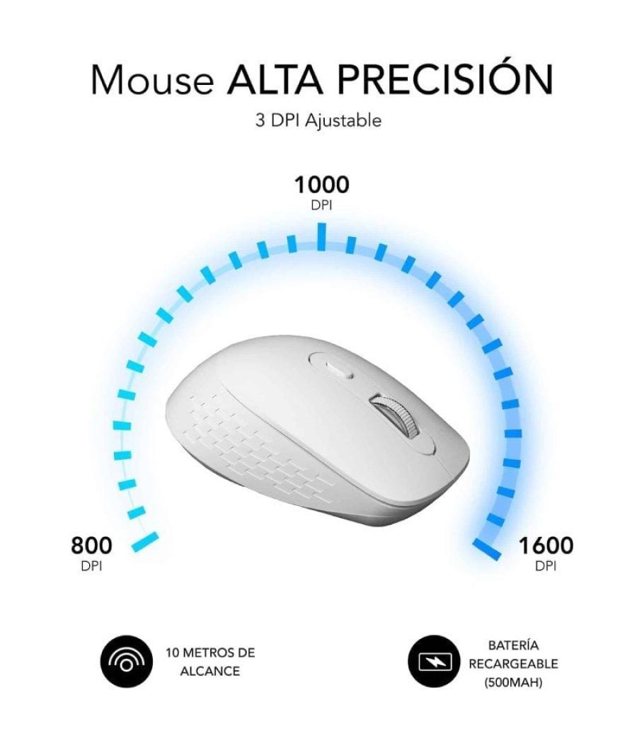 Ratón ergonómico inalámbrico por bluetooth/ 2.4ghz subblim curve ergo dual battery/ batería recargable/ hasta 1600 dpi/ blanco