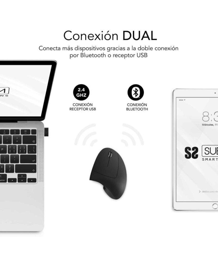 Ratón ergonómico inalámbrico por bluetooth/ 2.4ghz subblim glide vertical ergo dual battery/ batería recargable/ hasta 1600 dpi/