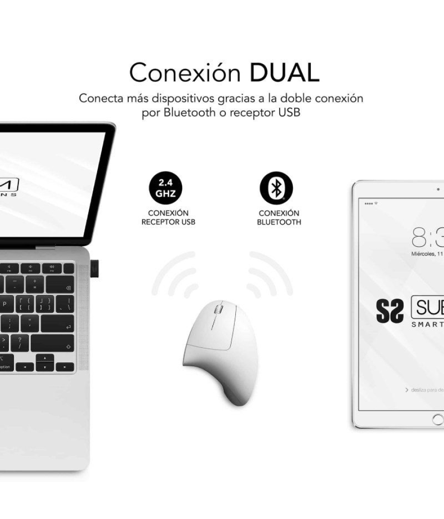 Ratón ergonómico inalámbrico por bluetooth/ 2.4ghz subblim glide vertical ergo dual battery/ batería recargable/ hasta 1600 dpi/