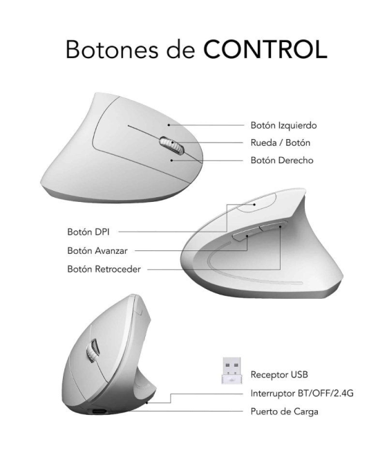 Ratón ergonómico inalámbrico por bluetooth/ 2.4ghz subblim glide vertical ergo dual battery/ batería recargable/ hasta 1600 dpi/