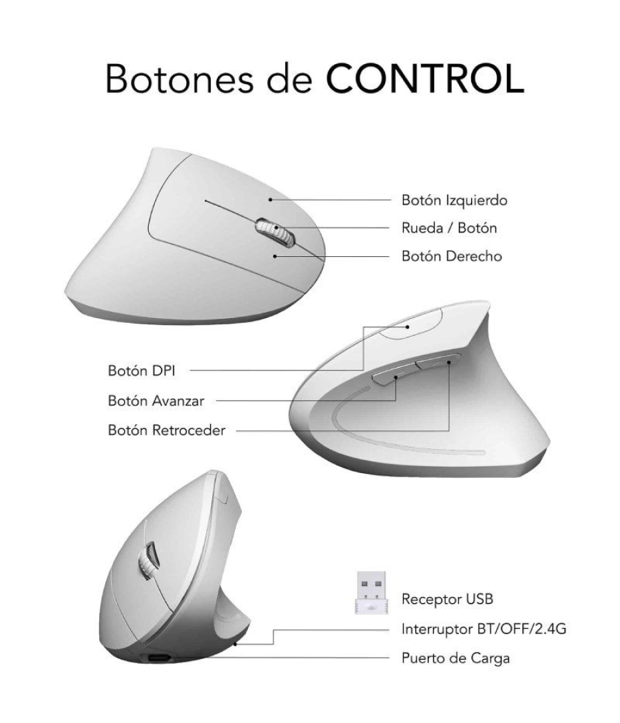 Ratón ergonómico inalámbrico por bluetooth/ 2.4ghz subblim glide vertical ergo dual battery/ batería recargable/ hasta 1600 dpi/