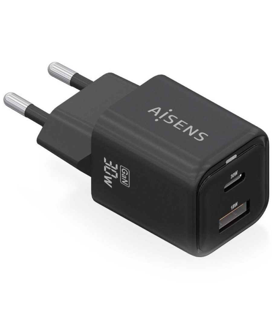 Cargador gan de pared aisens asch-30w2p021-bk/ 1xusb tipo-c/ 1xusb/ 30w