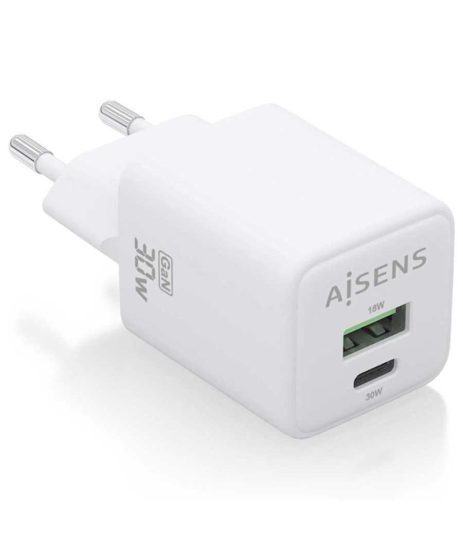 Cargador gan de pared aisens asch-30w2p037-w/ 1xusb tipo-c/ 1xusb/ 30w