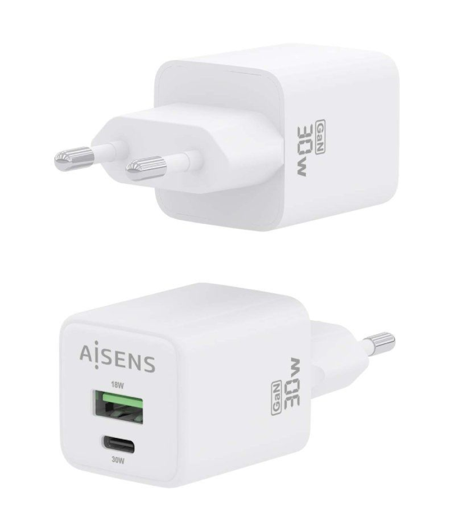 Cargador gan de pared aisens asch-30w2p037-w/ 1xusb tipo-c/ 1xusb/ 30w