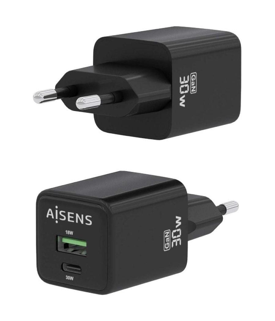 Cargador gan de pared aisens asch-30w2p038-bk/ 1xusb tipo-c/ 1xusb/ 30w