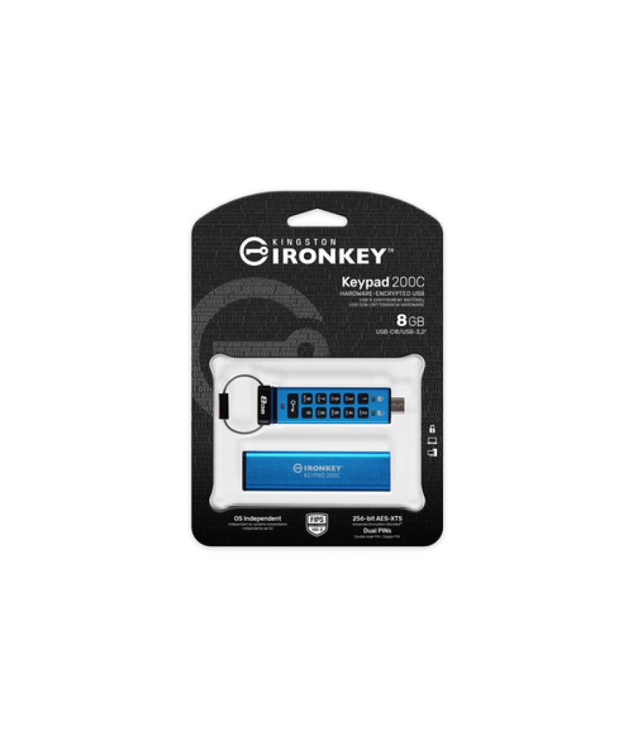 Kingston Technology IronKey Keypad 200 unidad flash USB 8 GB USB Tipo C 3.2 Gen 1 (3.1 Gen 1) Azul