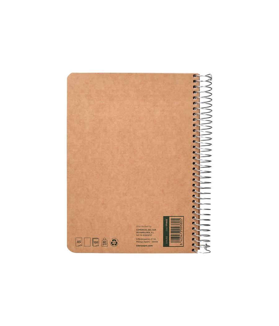 Cuaderno espiral liderpapel a5 tapa cartulina kraft contracolada 120h papel 100% reciclado 80 gr liso