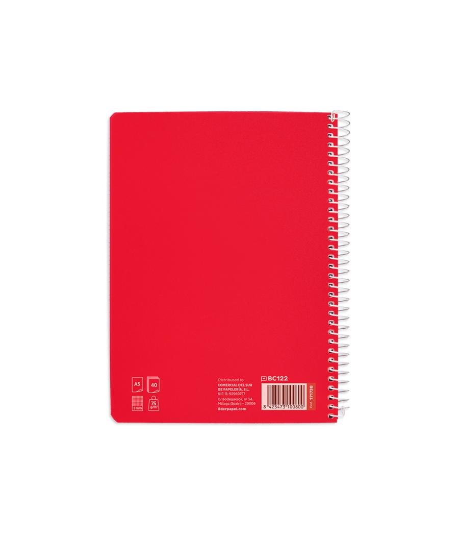 Cuaderno espiral liderpapel di n a5 pautaguia tapa blanda 40h 75 gr cuadro pautado 5mm color rojo