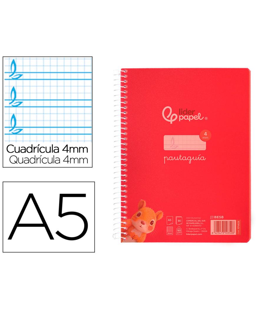 Cuaderno espiral liderpapel din a5 pautaguia tapa plástico 80h 90gr cuadro pautado 4mm con margen color rojo