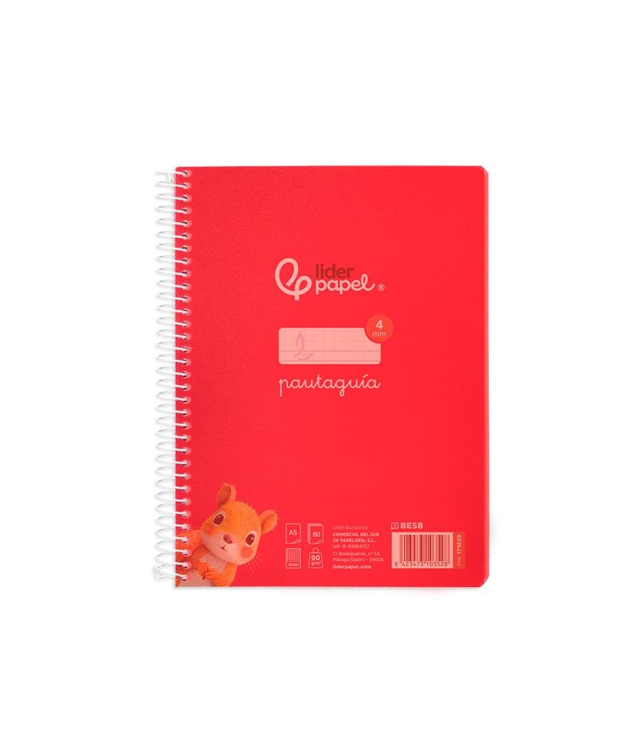 Cuaderno espiral liderpapel din a5 pautaguia tapa plástico 80h 90gr cuadro pautado 4mm con margen color rojo