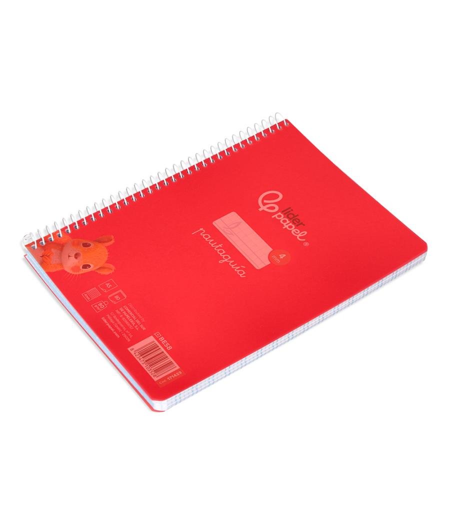 Cuaderno espiral liderpapel din a5 pautaguia tapa plástico 80h 90gr cuadro pautado 4mm con margen color rojo