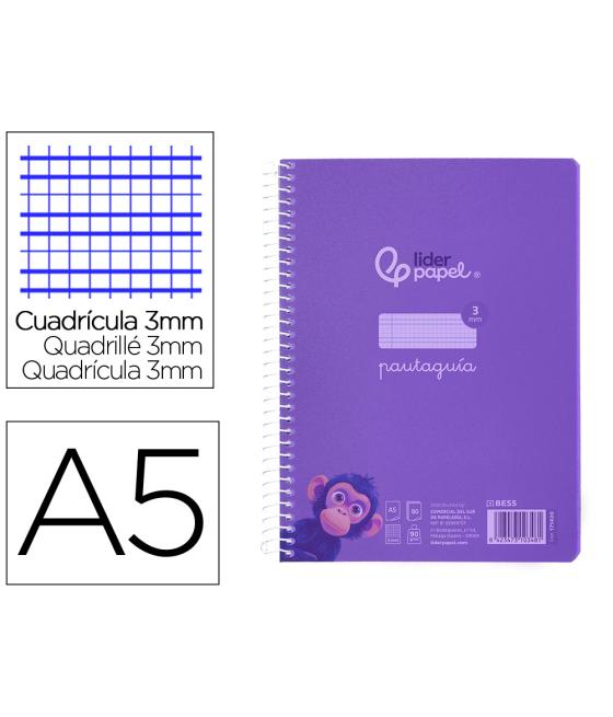 Cuaderno espiral liderpapel din a5 pautaguia tapa plástico 80h 90gr cuadro pautado 3 mm con margen color violeta