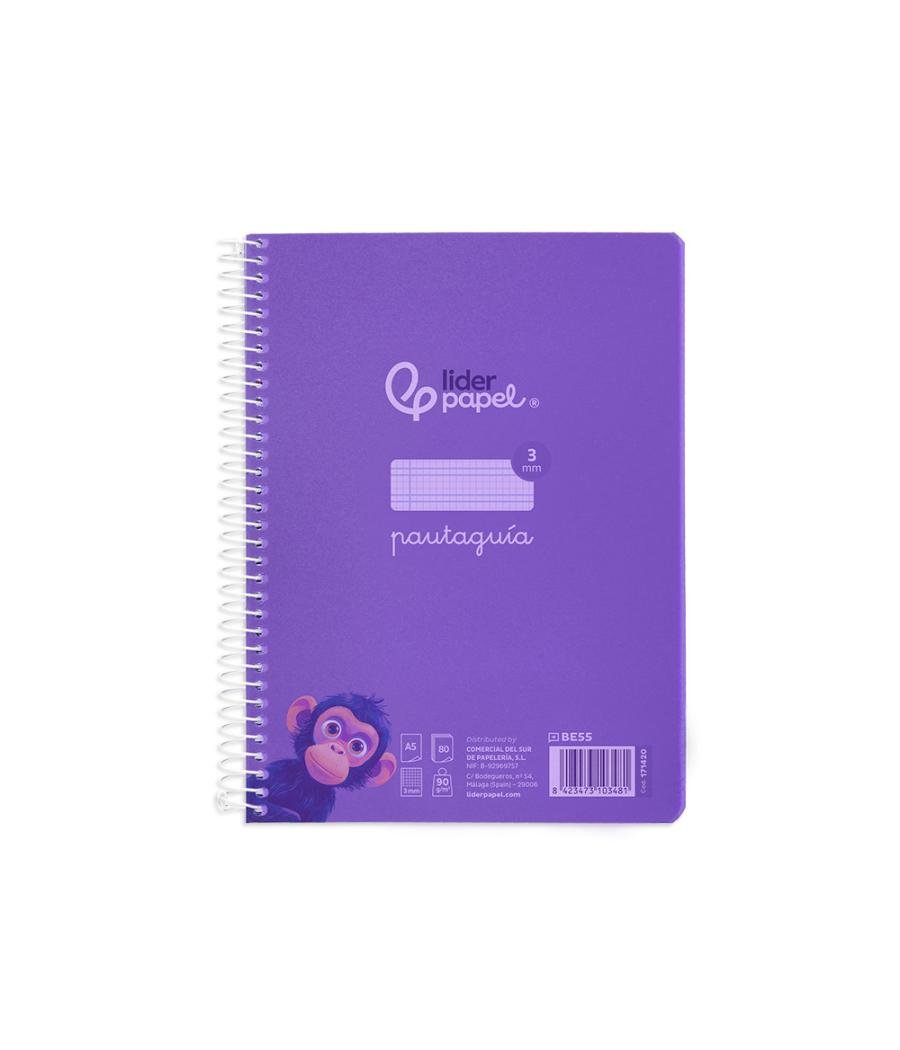 Cuaderno espiral liderpapel din a5 pautaguia tapa plástico 80h 90gr cuadro pautado 3 mm con margen color violeta