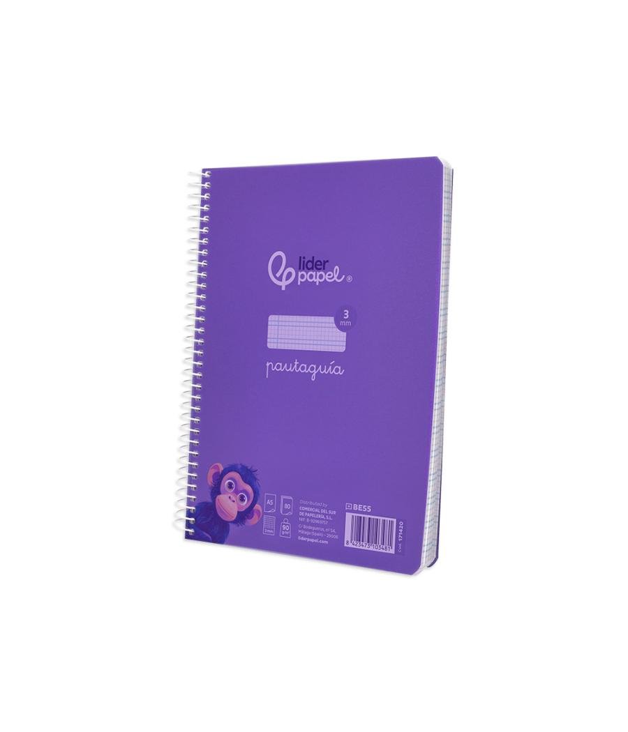 Cuaderno espiral liderpapel din a5 pautaguia tapa plástico 80h 90gr cuadro pautado 3 mm con margen color violeta