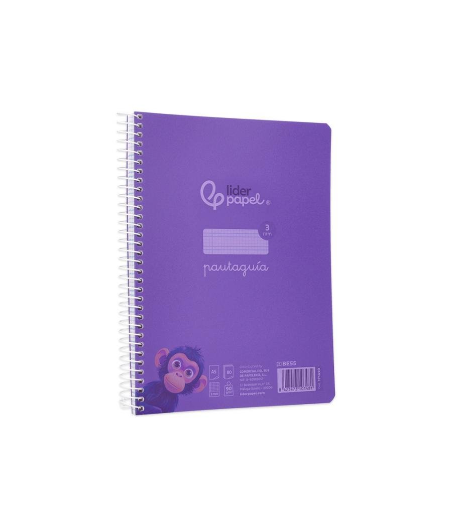 Cuaderno espiral liderpapel din a5 pautaguia tapa plástico 80h 90gr cuadro pautado 3 mm con margen color violeta