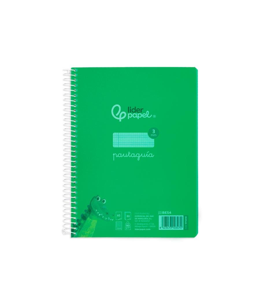 Cuaderno espiral liderpapel din a5 pautaguia tapa plástico 80h 90gr cuadro pautado 3 mm con margen color verde