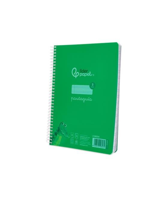 Cuaderno espiral liderpapel din a5 pautaguia tapa plástico 80h 90gr cuadro pautado 3 mm con margen color verde