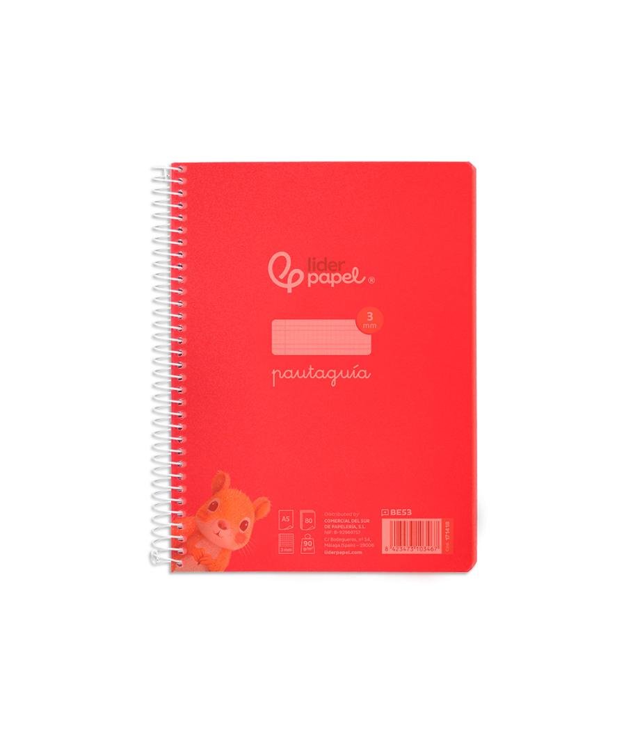 Cuaderno espiral liderpapel din a5 pautaguia tapa plástico 80h 90gr cuadro pautado 3 mm con margen color rojo