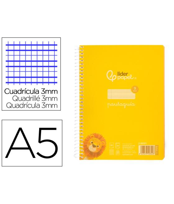 Cuaderno espiral liderpapel din a5 pautaguia tapa plástico 80h 90gr cuadro pautado 3 mm con margen color amarillo