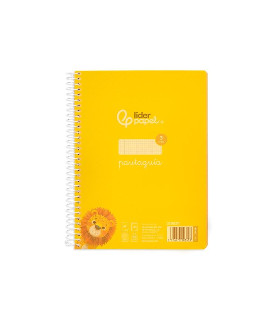 Cuaderno espiral liderpapel din a5 pautaguia tapa plástico 80h 90gr cuadro pautado 3 mm con margen color amarillo