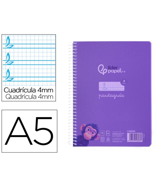 Cuaderno espiral liderpapel din a5 pautaguia tapa plástico 80h 90gr cuadro pautado 4 mm con margen color violeta