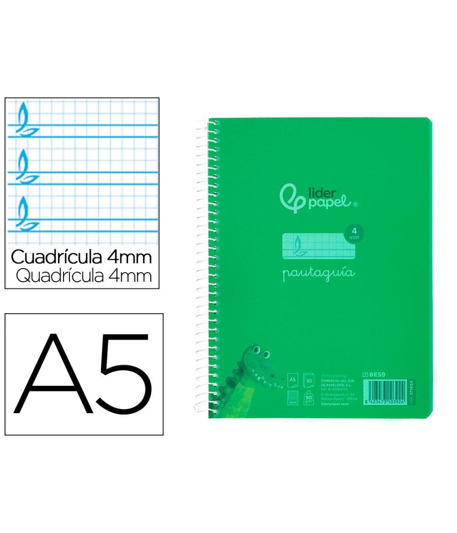 Cuaderno espiral liderpapel din a5 pautaguia tapa plástico 80h 90gr cuadro pautado 4mm con margen color verde