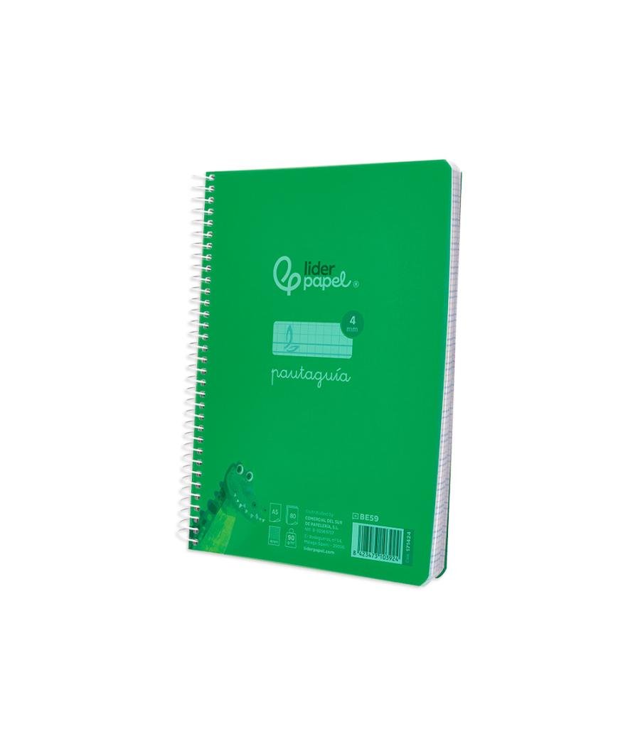 Cuaderno espiral liderpapel din a5 pautaguia tapa plástico 80h 90gr cuadro pautado 4mm con margen color verde